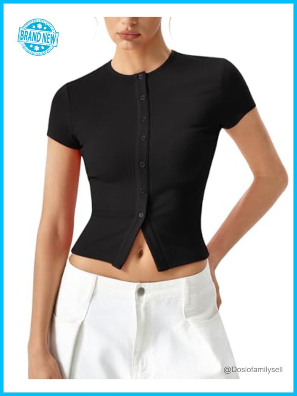 Ribbed Knit Button Front Short Sleeve Top Slim Fit Crew Neck Blouse